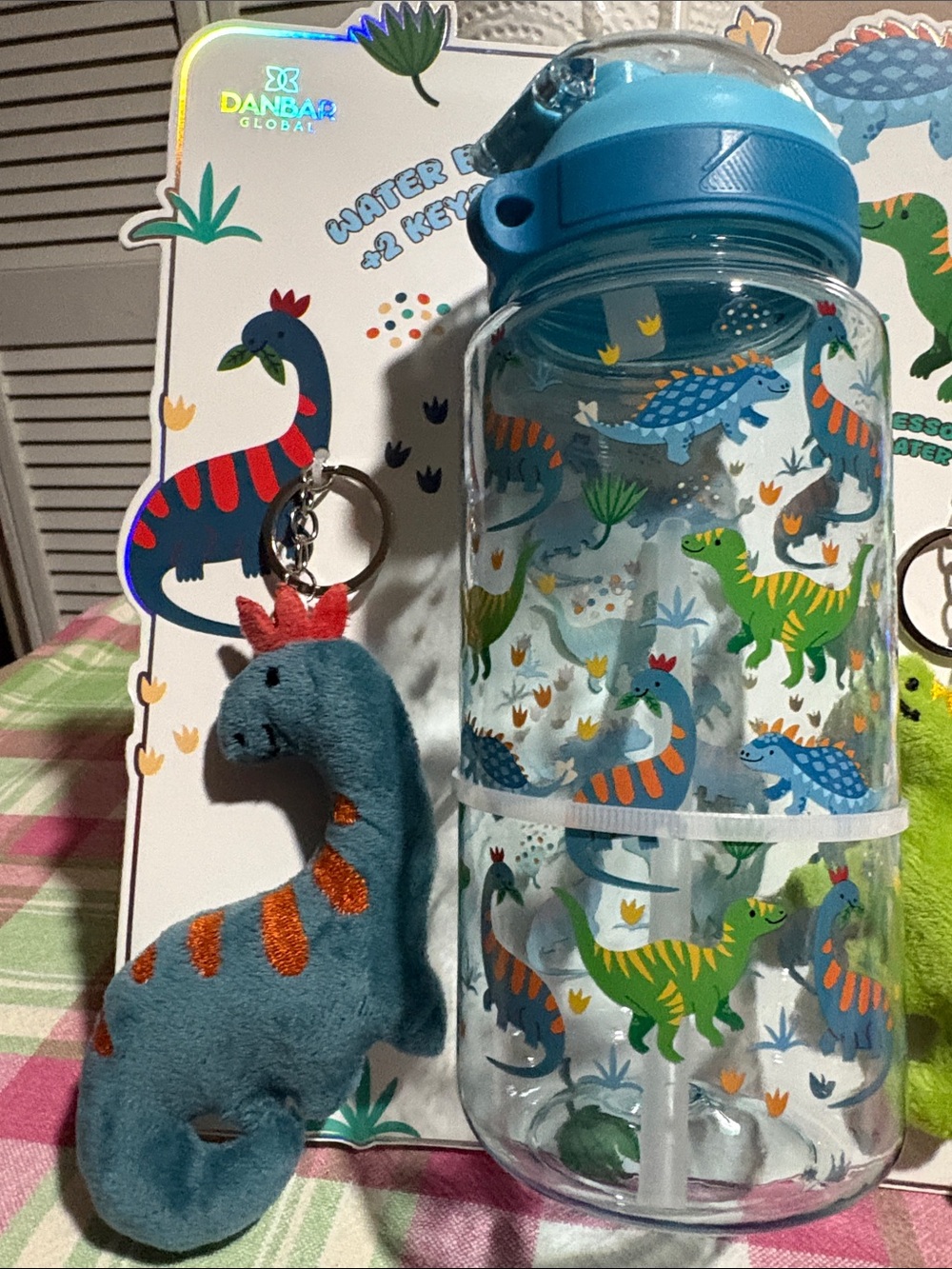 Kids Dino Water Bottle with Plush Keychain Set - Blue - Picture 3 of 5